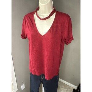 Sanctuary short sleeve MED T-shirt roll cuff V-neck Choker Neck Tee 100% LINEN